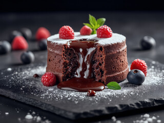 professional advertisement food photography: A chocolate cake with a slice taken out of it.