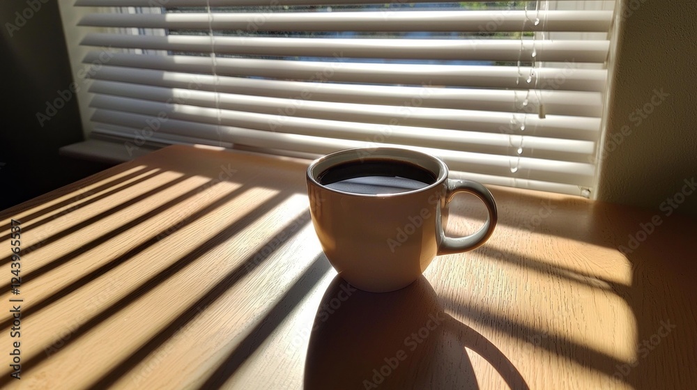 Poster soft rays of morning light filter through horizontal blinds, creating striking shadows on a wooden t