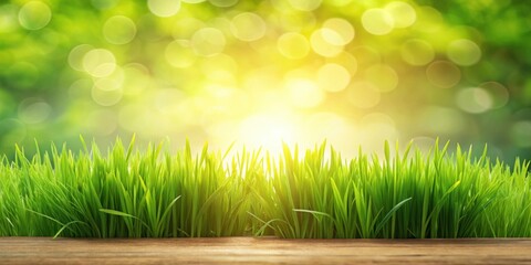 Fototapeta premium Vibrant Green Grass on Wooden Surface with Sunny Bokeh Background