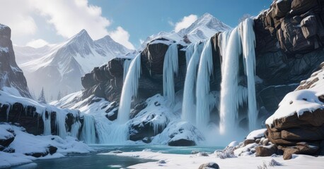 Winter wonderland with cascading ice waterfalls and snowy peaks , isolated, peaceful, waterfall