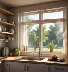 Kitchen window with open blinds and sunlight pouring in, natural light, open blinds, sunlit room