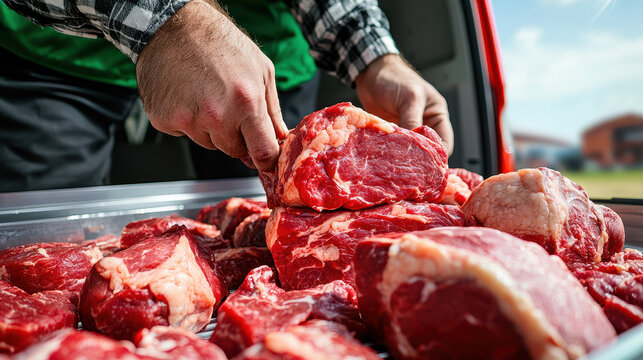 Fresh meat cuts being carefully moved into delivery vehicle, showcasing quality and freshness