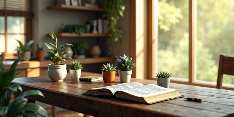 Wooden table with an open journal and potted plants , table, pages
