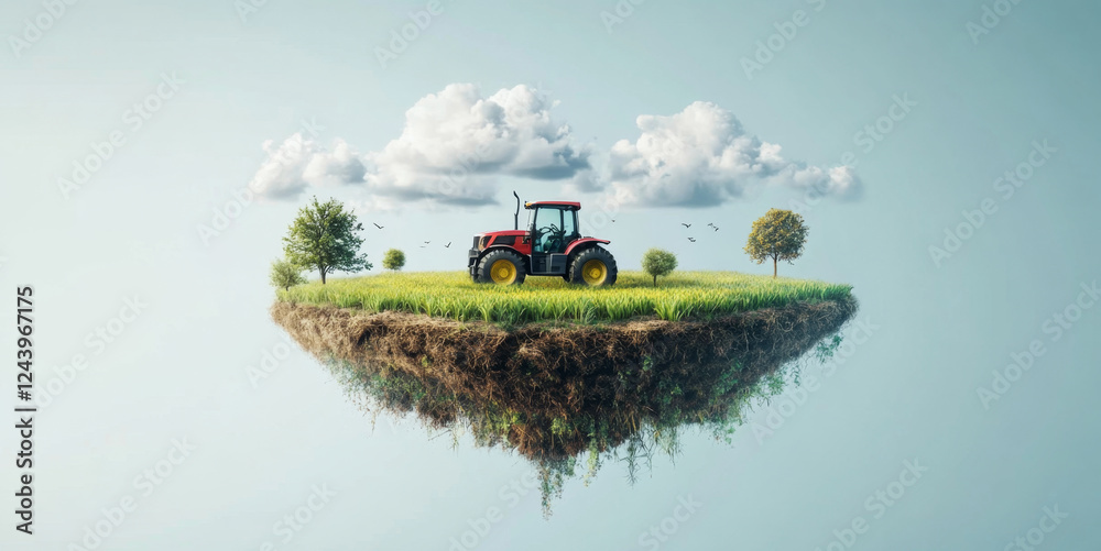 Poster a smart tractor operates on a floating farm surrounded by green fields and scattered trees. the scen