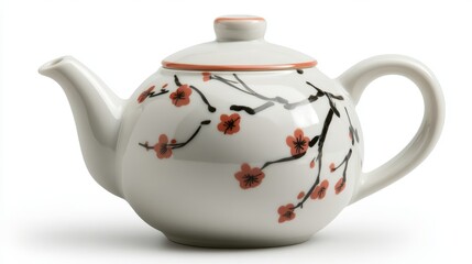 Porcelain teapot with cherry blossom design, isolated on white background, perfect for tea ceremonies or kitchenware websites