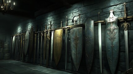 An Ancient Armory Displays Swords and Shields
