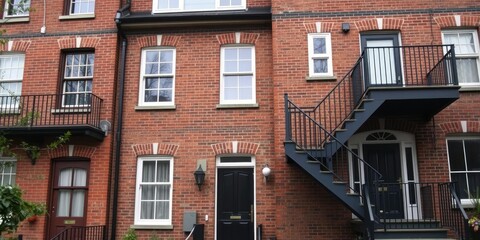 Obraz premium London Style Brick Residence with Staircase and Balcony, elegant, london style, decorative