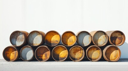 stack of neatly arranged steel pipes, casting soft shadows on a white background