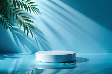 Elegant bright blue background in a minimalist style with a round Pedestal in the water around it and a shadow of leaves