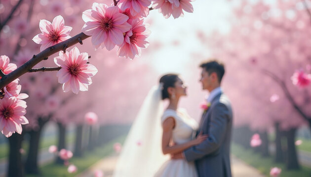 Romantic Wedding Couple Under Cherry Blossoms,background: Engagement announcements, wedding invitations, save-the-date cards, blog posts, website banners