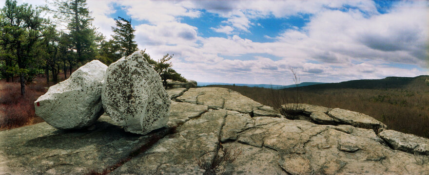 Panoramic view of boulders along the Gertrude's Nose, Minnewaska State Park, Catskill Mountains, New York State, USA.