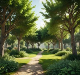 Obraz premium Lush green garden trees with blurred background on a warm and sunny day, sunny day, sunlight, bokeh effect