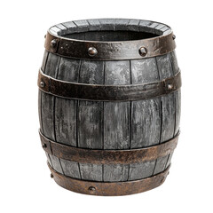 Obraz premium A rustic wooden barrel with metal bands, set against a neutral background, ideal for vintage decor or themed events