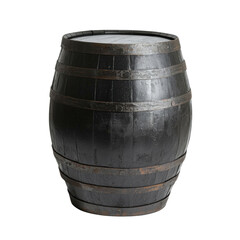 Obraz premium Black wooden barrel with metal bands, isolated on a white background, suitable for rustic decor or beverage storage