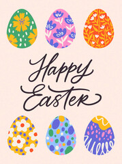 Vector greeting card - Happy Easter. Colorful banner with decorated eggs, grainy textute