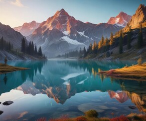 Obraz premium Majestic mountain peak reflected in a still lake, still, majestic, reflection