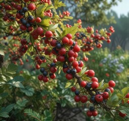 Obraz premium Mature Eleutherococcus senticosus bush with ripe berries, botanicals, plants