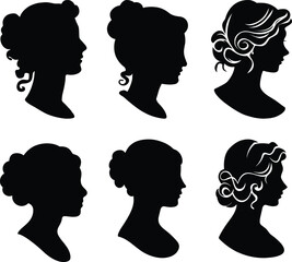 Set of female cameo silhouette head and body. Stylish women face and hair silhouette shape with black and white collection. Artistic art drawing of a woman’s face icon.