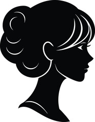 Cameo women face and head with hair silhouette. Black and white cameo design on white background. Side view modern stylish female head shape for wall art.
