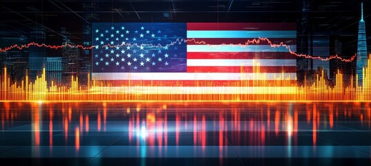 American Flag with Abstract Stock Market Charts, Financial Data, and Cityscape Background