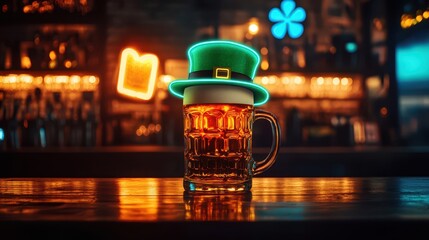 Glowing Neon Sign of a Beer Mug Adorned with a Leprechaun Hat Against a Vibrant Pub Background for St. Patrick's Day Celebration Imagery