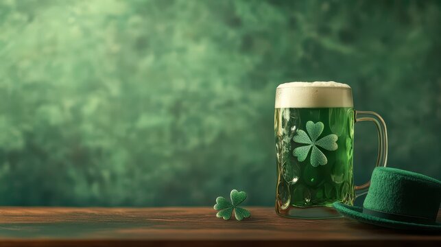 Refreshing Green Beer Mug with Shamrocks Carved into Foam on Wooden Table Over a Soft Green Background for St. Patrick's Day Celebrations - Powered by Adobe