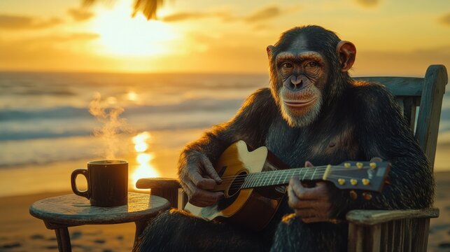 A cheerful monkey plays guitar on a beach at sunset, enjoying a warm drink, creating a relaxed and whimsical atmosphere.