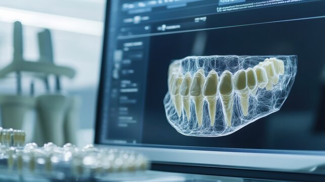 A closeup of a digital 3D model of a dental implant displayed on a computer screen illustrating the design phase of bioprinting. The detailed model outlines various anatomical features