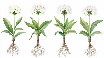 A minimalistic hand-drawn illustration of valerian flowers, showcasing four plants with roots, leaves, and white blossoms