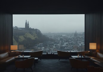 Modern living area with a panoramic view of the city, showcasing a misty urban landscape and distant architecture. Dark interiors, soft lighting, and