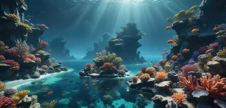 Mysterious oceanic scene with coral reefs and marine life, sea creatures, underwater world
