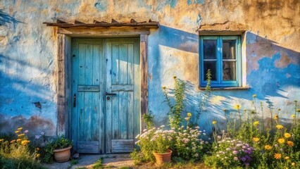 Rustic Weathered House with Teal Door and Window, Flanked by Blooming Flowers
