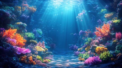 Fototapeta premium A vibrant underwater scene showcases colorful coral reefs illuminated by sunlight filtering through the ocean surface.