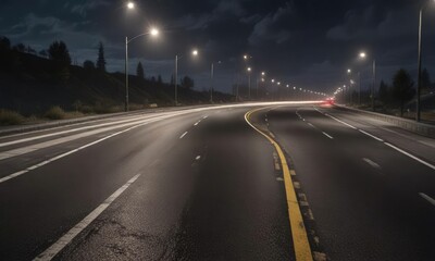 Obraz premium Nighttime view of an asphalt highway with streetlights illuminating the road, cityscape, streetlights, night