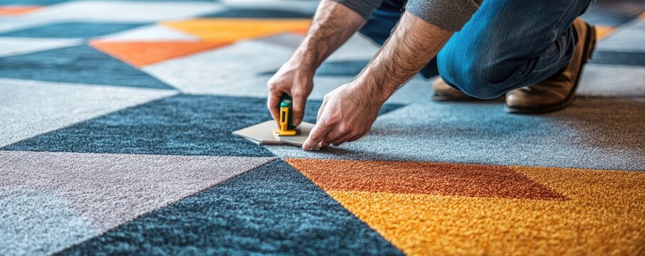 A flooring professional carefully aligns carpet tiles on an office floor, reflecting precision.