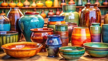 Fototapeta premium Collection of Vibrant Handcrafted Ceramic Pottery Bowls and Vases