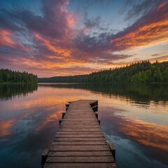 Obraz premium Serene Lakeside Reflection – A calm lake surrounded by lush forests, reflecting the vibrant colors of a sunset sky, with a wooden dock extending into the water.