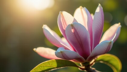 Fototapeta premium A close-up of a pink flower in bloom with sunlight illuminating its petals, highlighting the delicate texture and vibrant color. The background is blurred, emphasizing the flower's beauty and freshnes