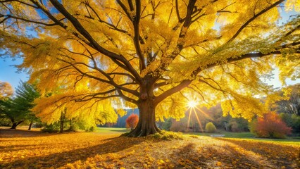 Majestic Yellow Tree in Autumn with Sunlight and Golden Leaves
