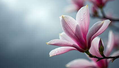 Fototapeta premium The image shows a close-up of a pink magnolia flower with water droplets on its petals, set against a blurred background. The delicate petals and droplets create a serene and fresh atmosphere, highlig
