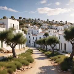Obraz premium Olive trees and white buildings in a Mediterranean village, sea view, hilltop village, whitewashed houses