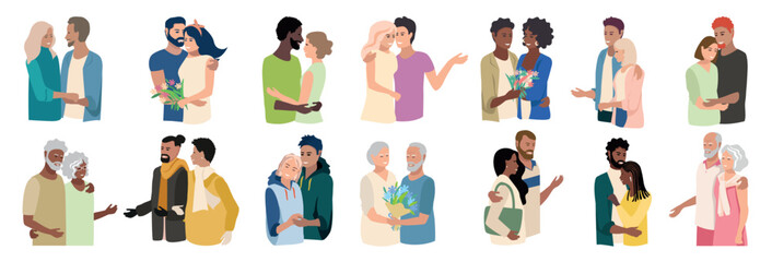 Happy loving couples of different ages and races hugging. Happy Valentine's Day. Big vector set.