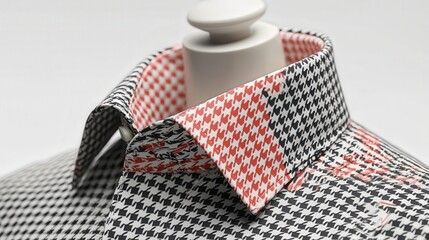 Chic Houndstooth Dress Shirt with Red Accent on a White Background for Trendy Fashion Collections