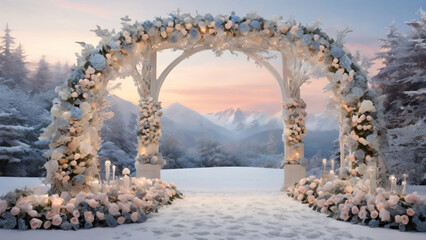 Vibrant floral arch with a beautiful background for wedding ceremonies.