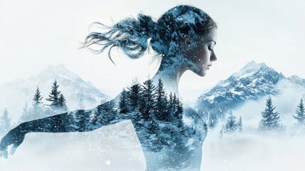 Fototapeta premium A serene silhouette of a woman blends with a winter landscape, showcasing a harmony between nature and human form.
