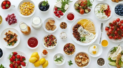 An inviting array of colorful breakfast choices fills the table, featuring fruits, yogurt, fresh herbs, and crusty bread. The setting radiates warmth and communal joy, perfect for sharing