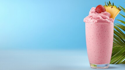 Refreshing Strawberry Pineapple Smoothie with Whipped Cream in a Clear Glass Against a Blue Background