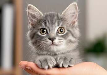 Adorable Gray Kitten On Hand With Sparkling Effect