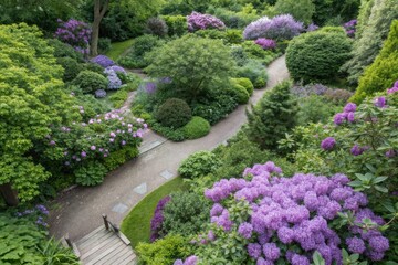 Overhead shot of a lush garden with vibrant purple flowers and foliage, garden scenery, greenhouses, natural beauty, outdoor spaces, botanical arrangements