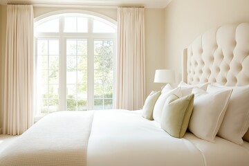 Bright modern bedroom interior featuring large window, light curtains, and plush bedding